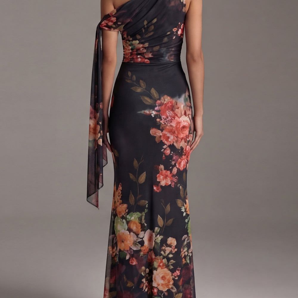 Black One-Shoulder Printed Pleated Chiffon Maxi Dress
