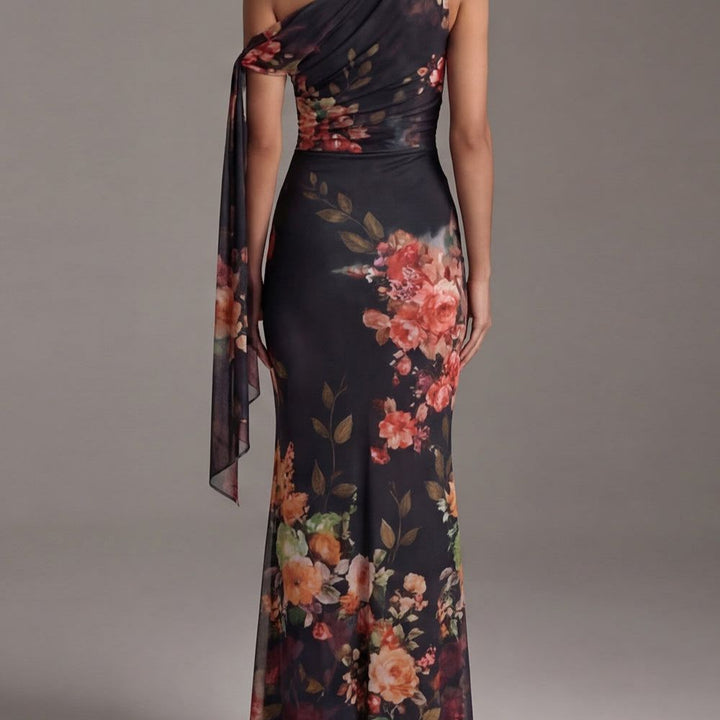 Black One-Shoulder Printed Pleated Chiffon Maxi Dress