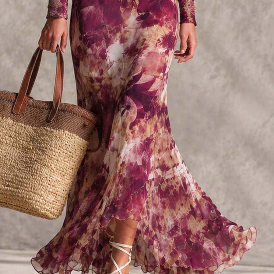 Rose Pink Floral Off-Shoulder Chiffon Maxi Dress