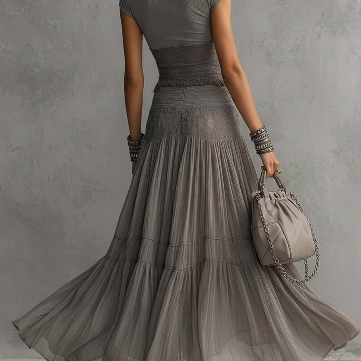 Grey Sheer Lace-Paneled Top and Pleated Maxi Skirt Set