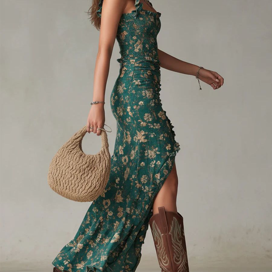 Bohemian Green Printed Maxi Dress with Ruffled Sleeves