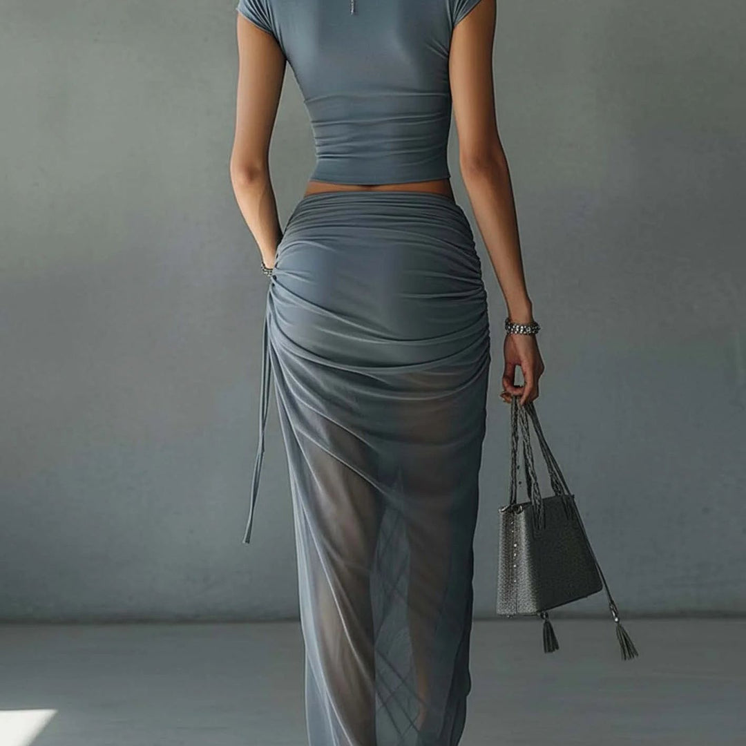 Blue Cropped T-Shirt and Sheer Mesh Draped Skirt Set