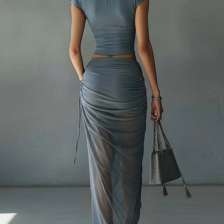 Blue Cropped T-Shirt and Sheer Mesh Draped Skirt Set