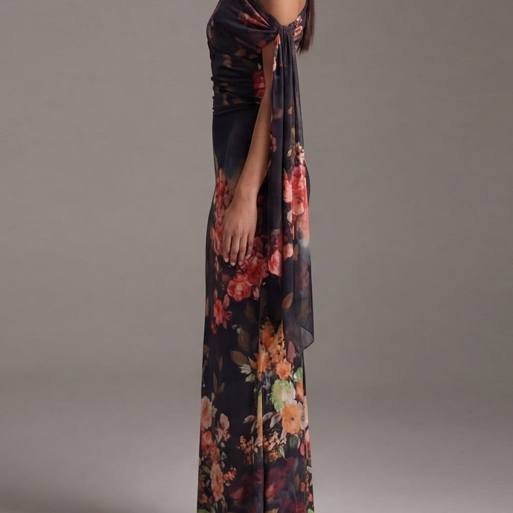 Black One-Shoulder Printed Pleated Chiffon Maxi Dress