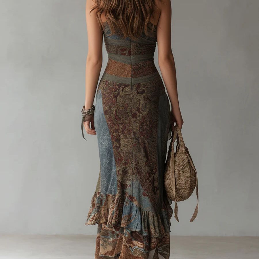 Ethnic-Style Printed One-Shoulder Maxi Dress with High Slit