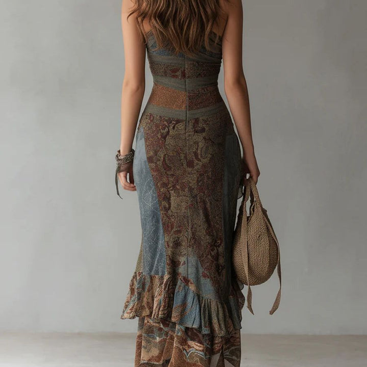 Ethnic-Style Printed One-Shoulder Maxi Dress with High Slit