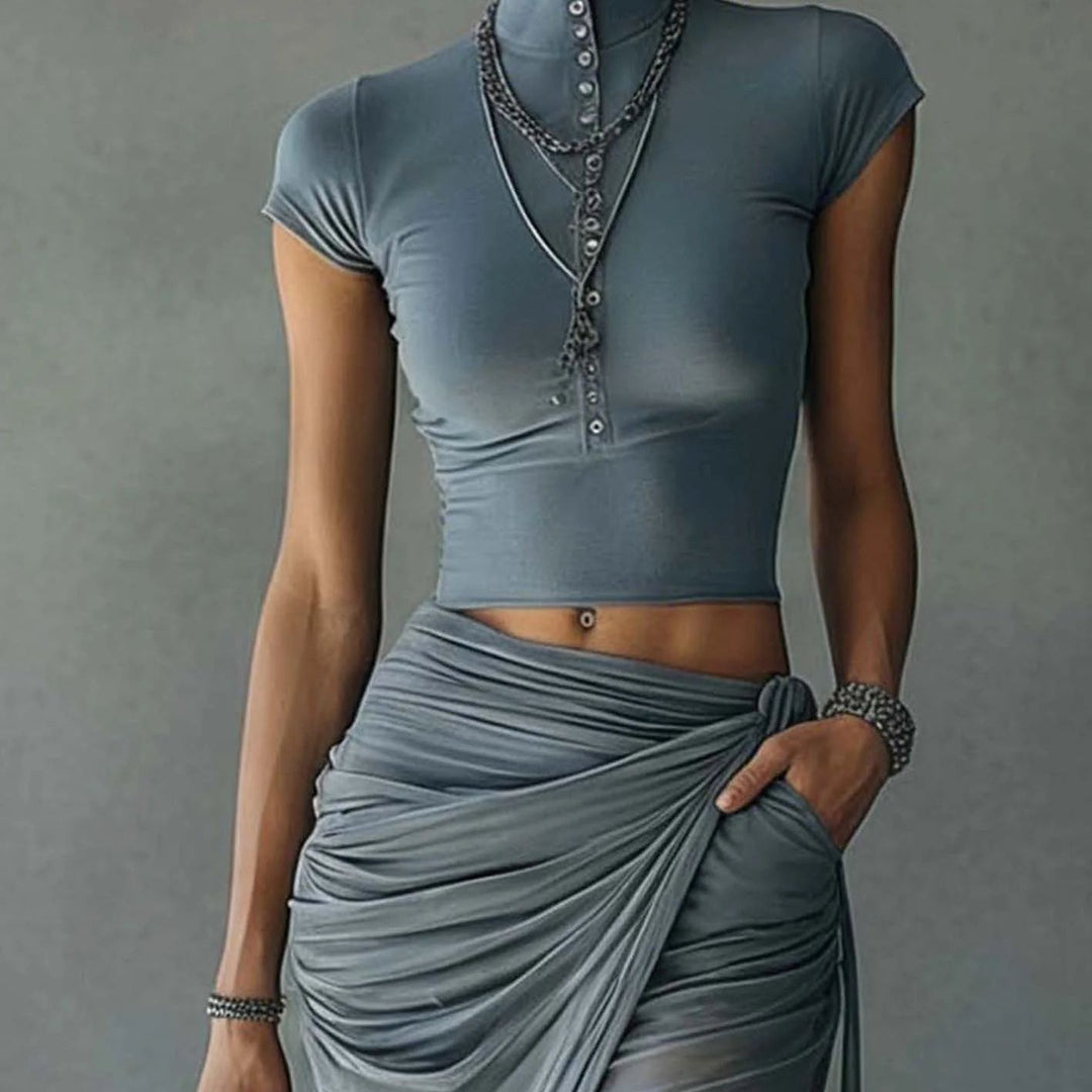 Blue Cropped T-Shirt and Sheer Mesh Draped Skirt Set