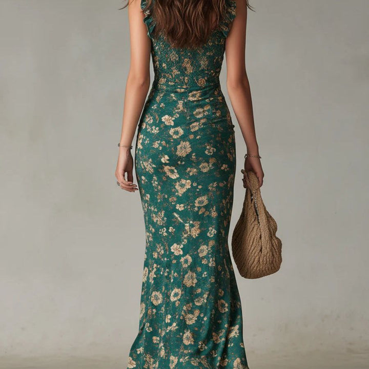 Bohemian Green Printed Maxi Dress with Ruffled Sleeves