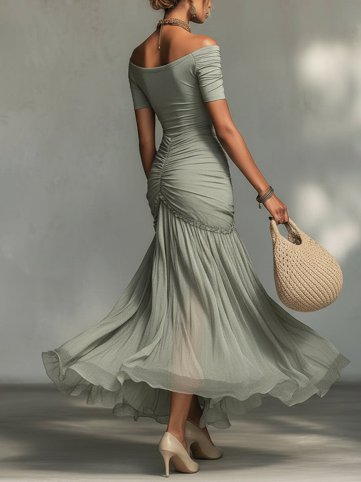 Grey Stretch Fabric And Chiffon Maxi Dress