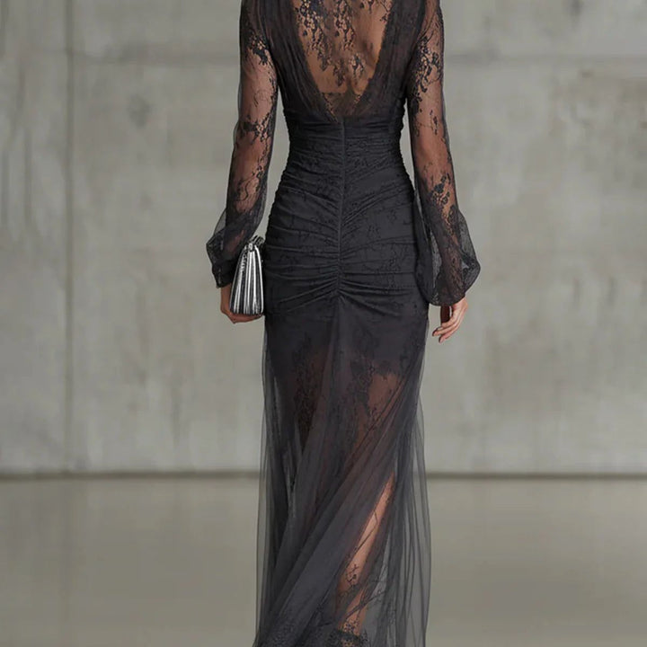 Dark Grey Lace Ruched Sheer Long Sleeve Slit Maxi Dress