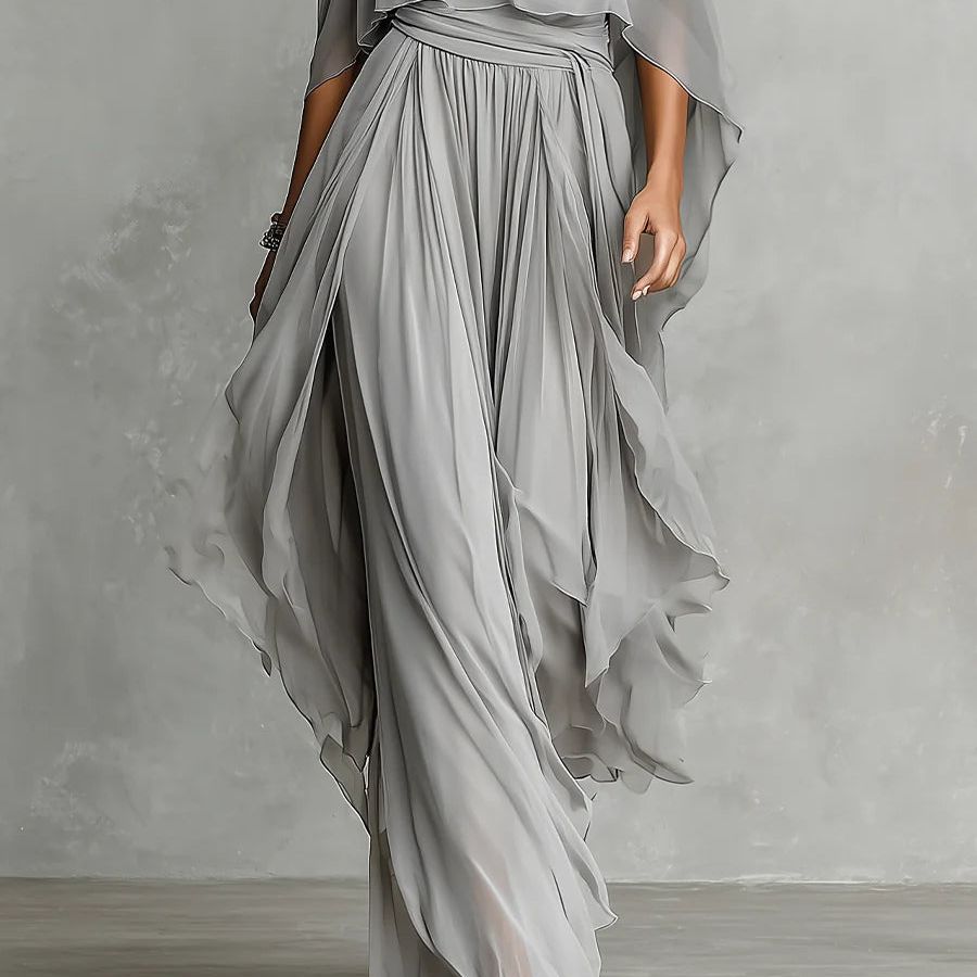 Grey off-shoulder flowy camisole and trousers chiffon set