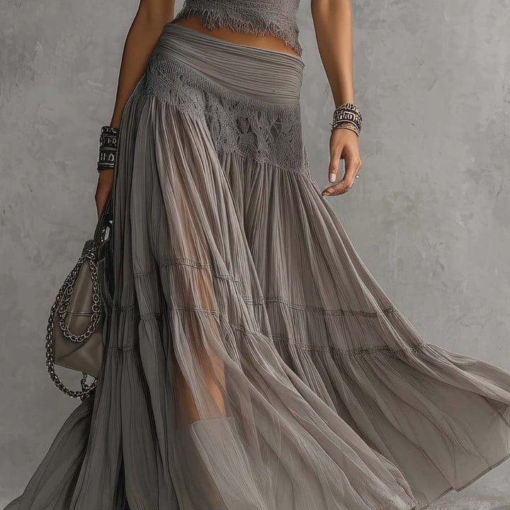 Grey Sheer Lace-Paneled Top and Pleated Maxi Skirt Set