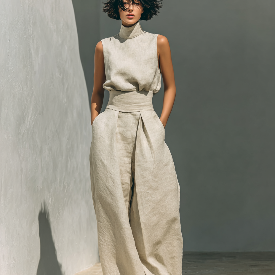 Women's minimalist set in cotton and linen with sleeveless blouse and wide-leg pants