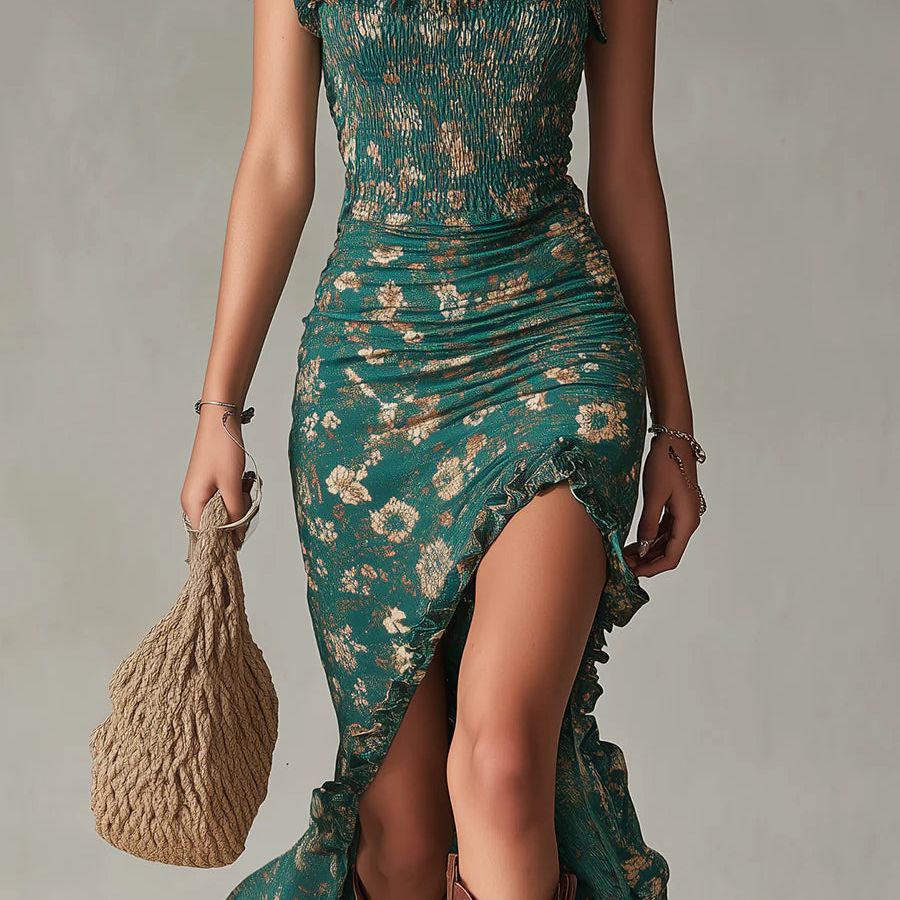 Bohemian Green Printed Maxi Dress with Ruffled Sleeves