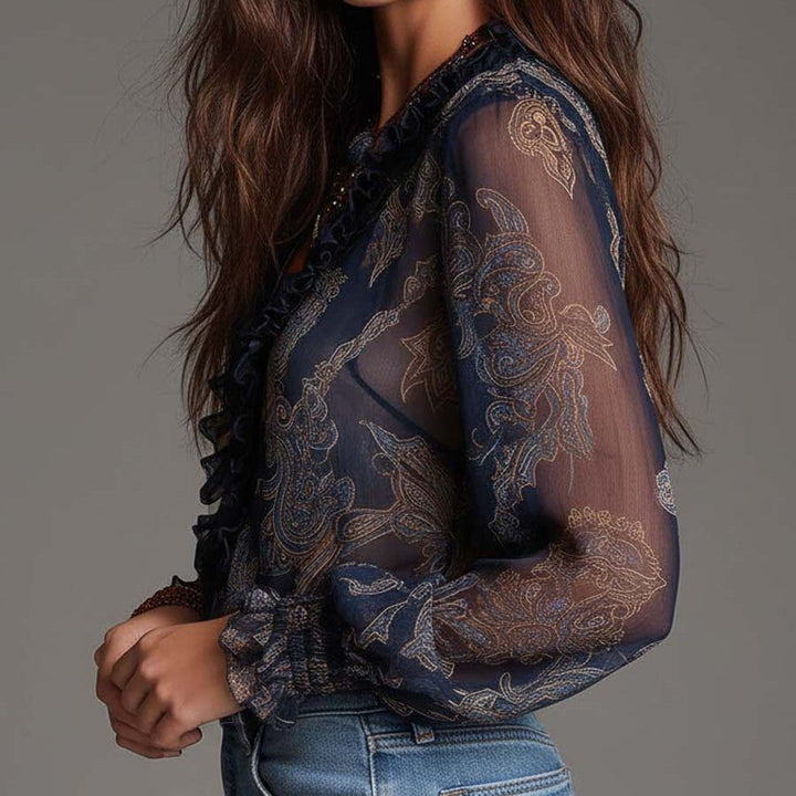 Navy Baroque Paisley Ruffle Zip Chiffon Blouse