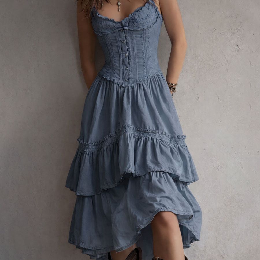 Retro Boho Corset Tiered Midi Dress With Lace-Trim
