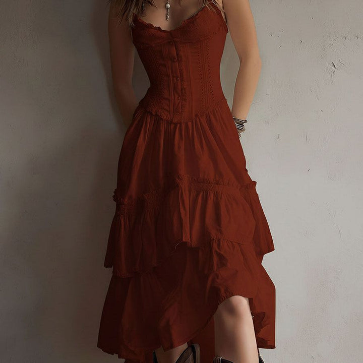 Retro Boho Corset Tiered Midi Dress With Lace-Trim