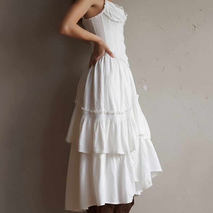 Retro Boho Corset Tiered Midi Dress With Lace-Trim