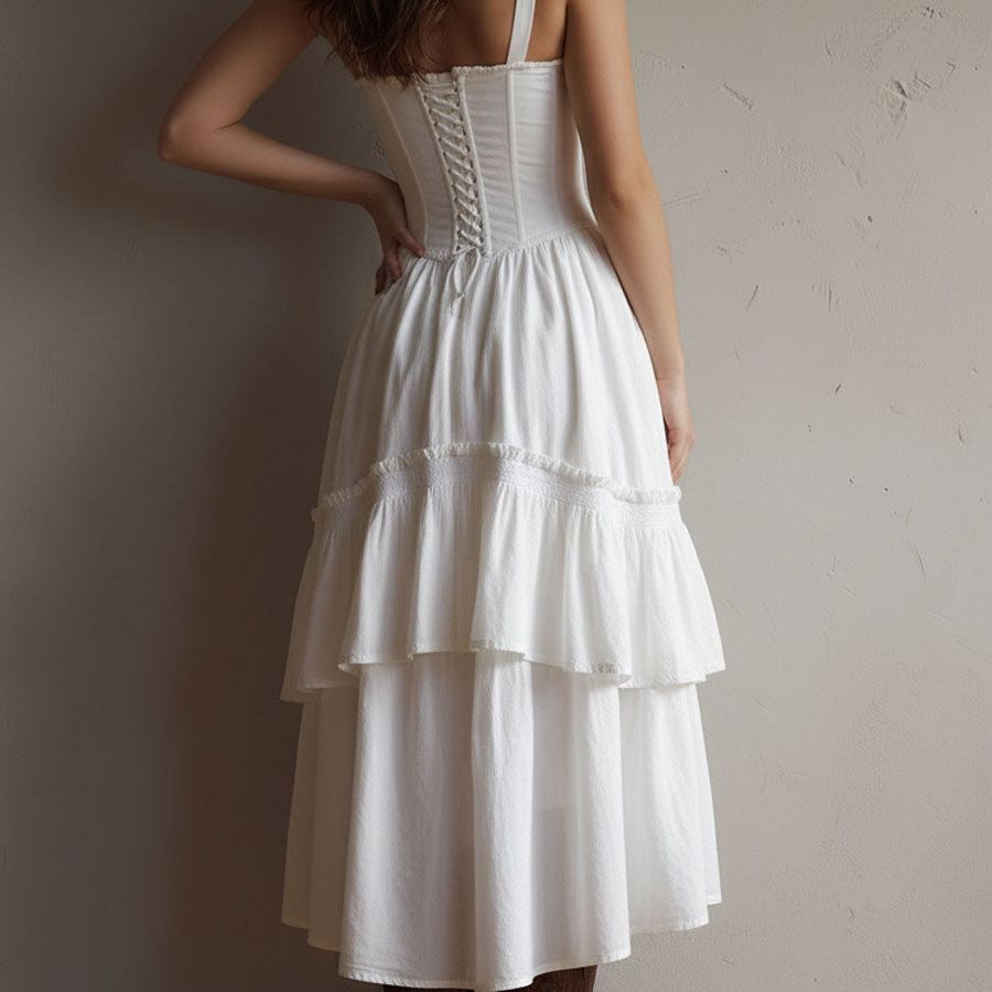 Retro Boho Corset Tiered Midi Dress With Lace-Trim