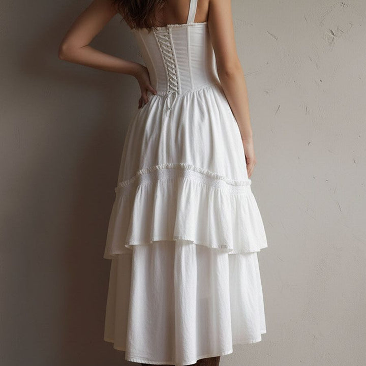 Retro Boho Corset Tiered Midi Dress With Lace-Trim