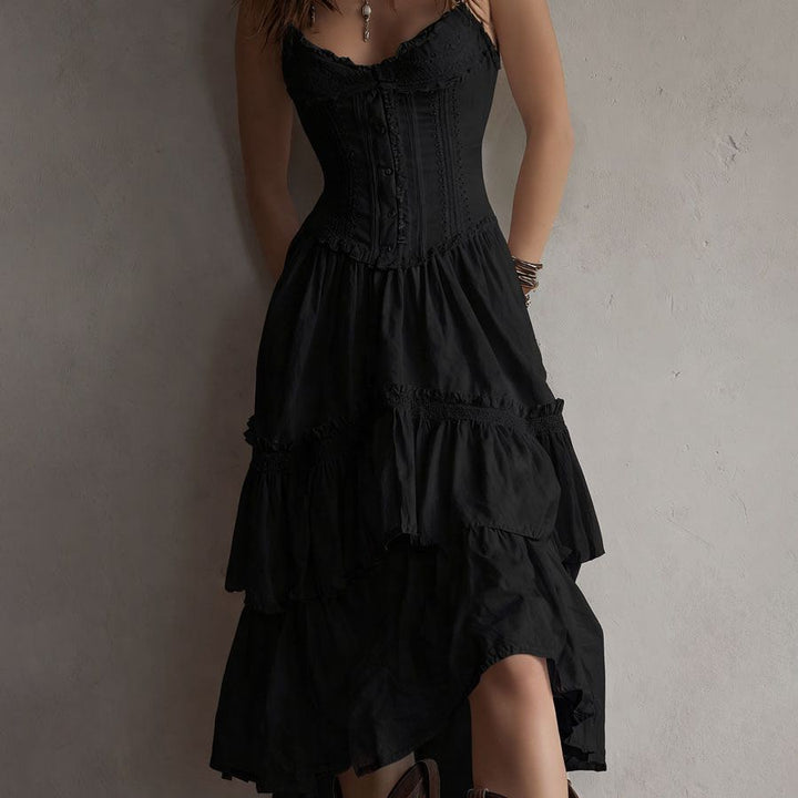 Retro Boho Corset Tiered Midi Dress With Lace-Trim