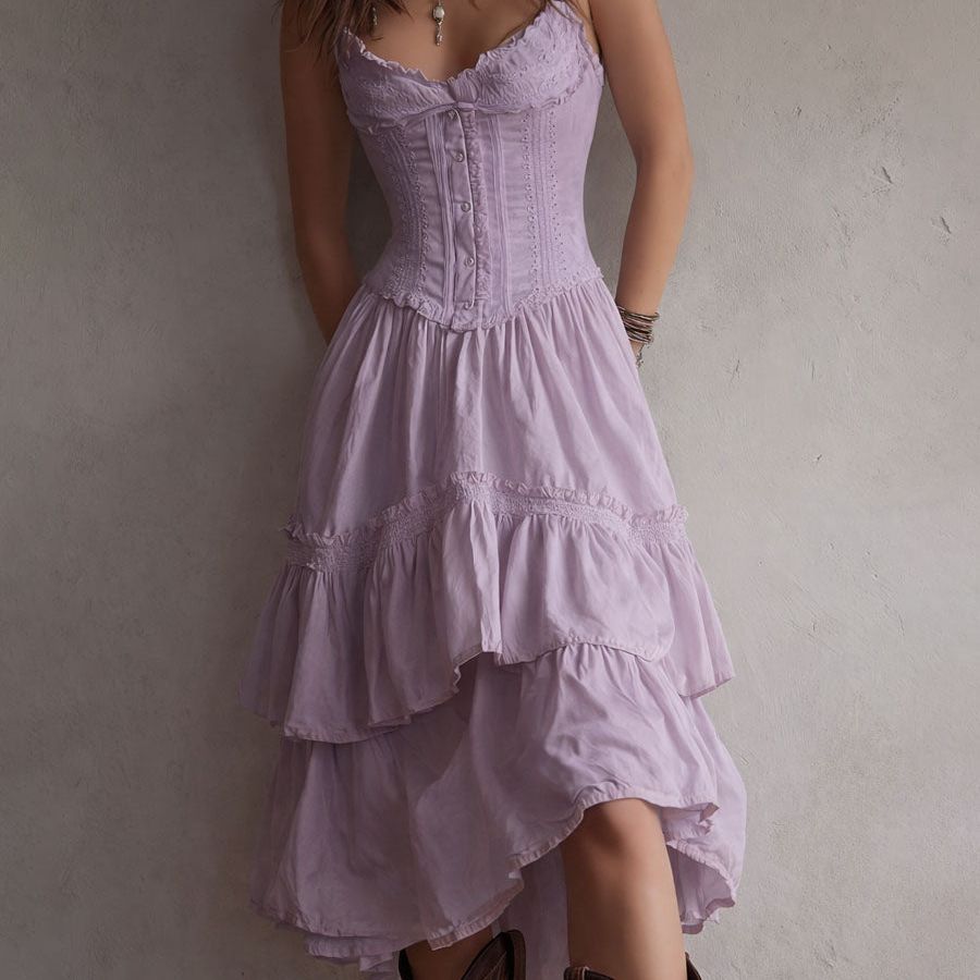 Retro Boho Corset Tiered Midi Dress With Lace-Trim