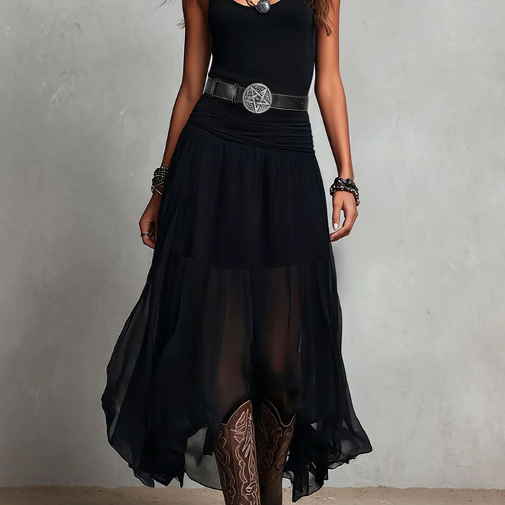Boho Western Black  Stretchy Maxi  Dress With Sheer Skirt