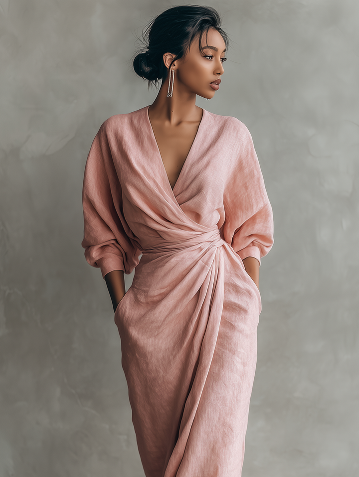 Women's  Pink Minimalist V-neck Linen Blend Maxi Dress