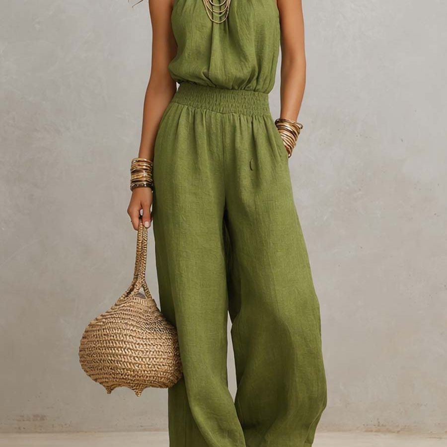 Tan Cotton Linen Halter Neck Smocked Waist Wide Leg Jumpsuit