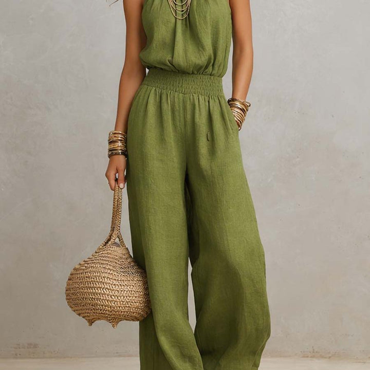 Tan Cotton Linen Halter Neck Smocked Waist Wide Leg Jumpsuit