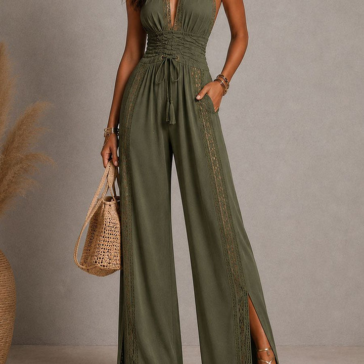Boho Black Halter Deep V Smocked Waist Lace Wide-Leg One-Piece Jumpsuit