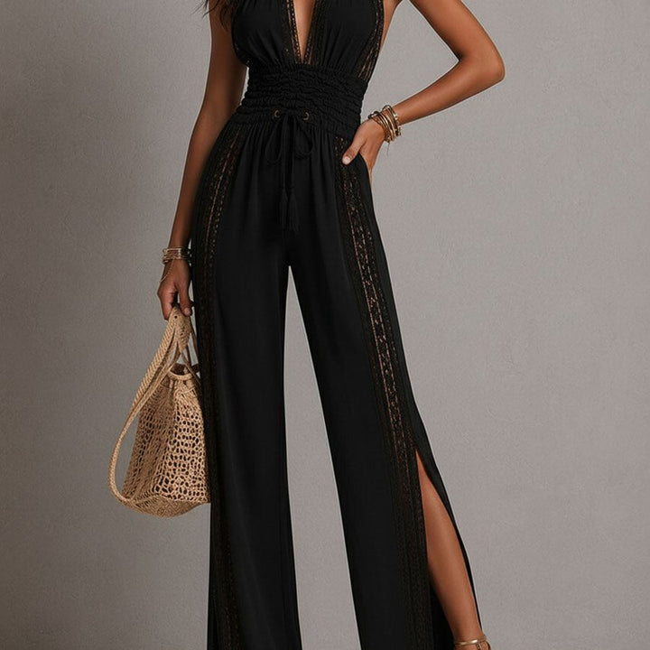 Boho Black Halter Deep V Smocked Waist Lace Wide-Leg One-Piece Jumpsuit