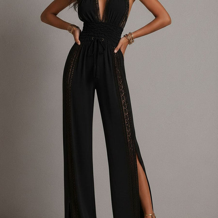 Boho Black Halter Deep V Smocked Waist Lace Wide-Leg One-Piece Jumpsuit