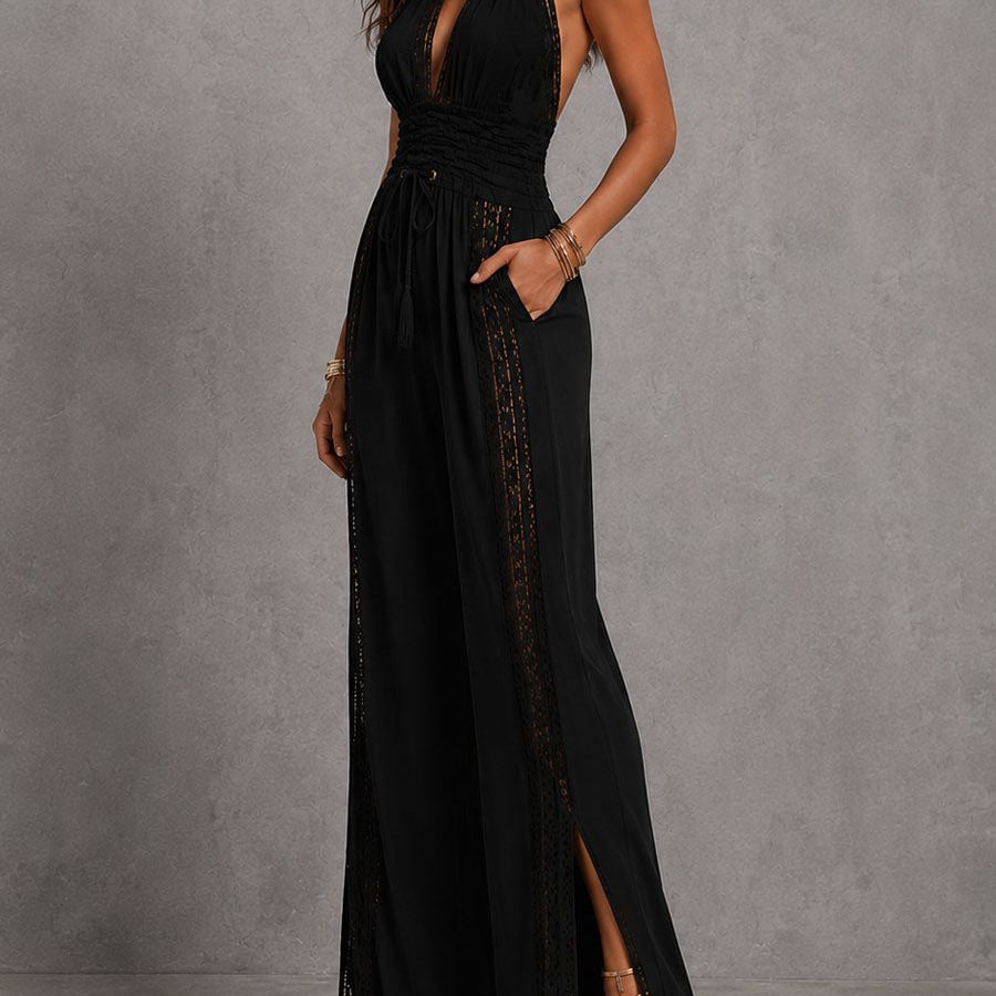 Boho Black Halter Deep V Smocked Waist Lace Wide-Leg One-Piece Jumpsuit