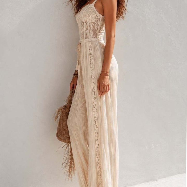 Bohemian Cream Lace Corset And Pleated Wide-Leg Jumpsuit