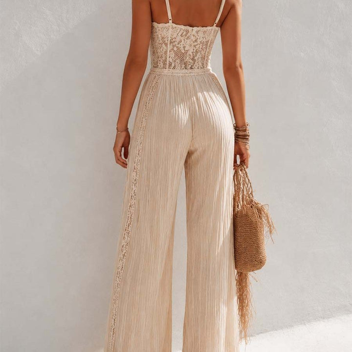 Bohemian Cream Lace Corset And Pleated Wide-Leg Jumpsuit