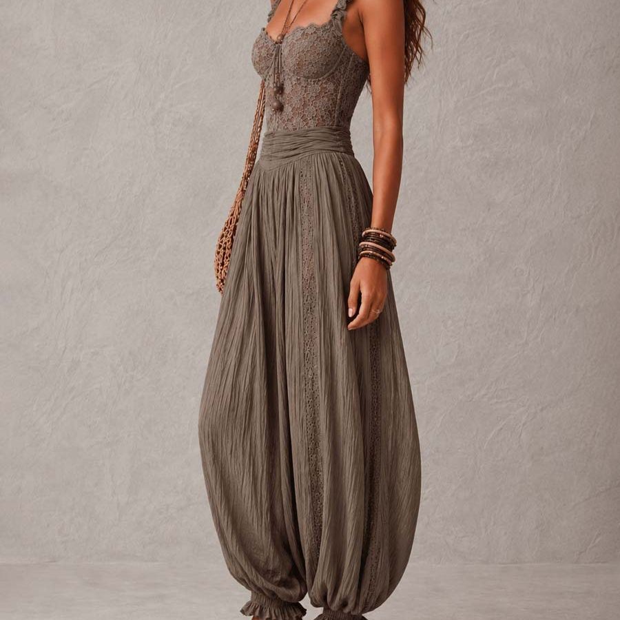 Bohemian Taupe Lace Bustier And Crinkle Cotton Harem Pants Set
