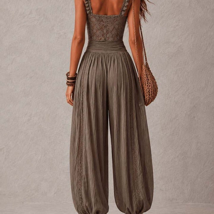 Bohemian Taupe Lace Bustier And Crinkle Cotton Harem Pants Set