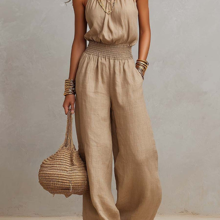 Tan Cotton Linen Halter Neck Smocked Waist Wide Leg Jumpsuit