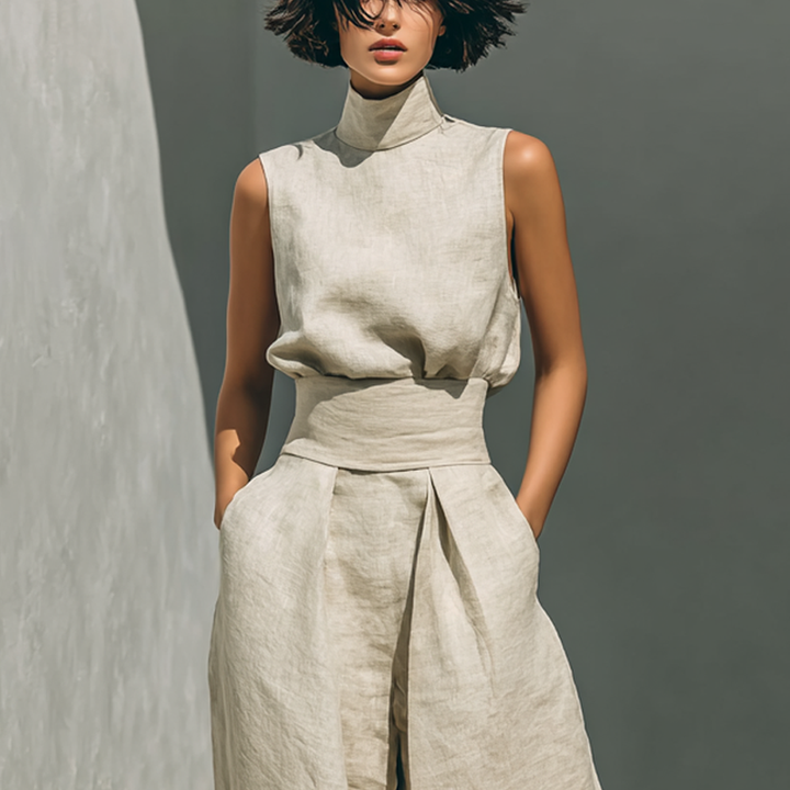 Women's minimalist set in cotton and linen with sleeveless blouse and wide-leg pants