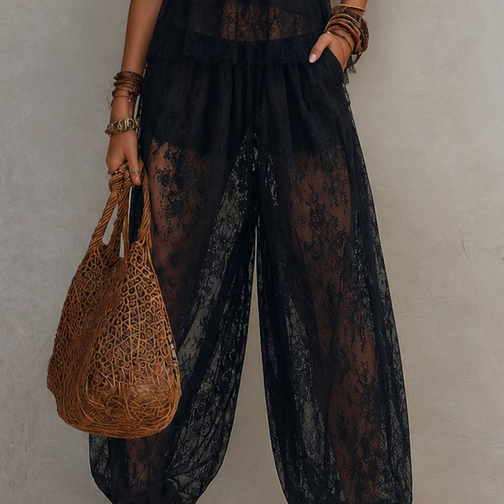 Boho Halter-Neck Lace-Paneled Vest & Balloon Pants Set