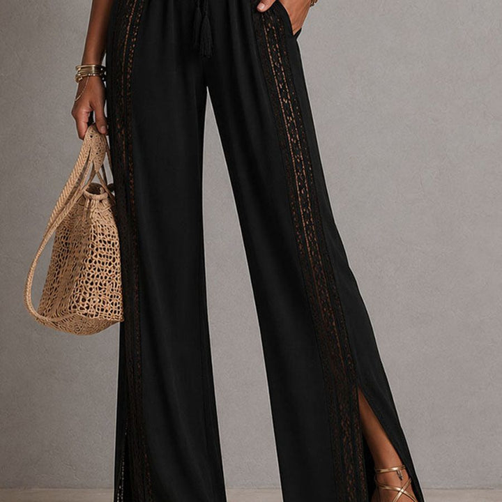 Boho Black Halter Deep V Smocked Waist Lace Wide-Leg One-Piece Jumpsuit
