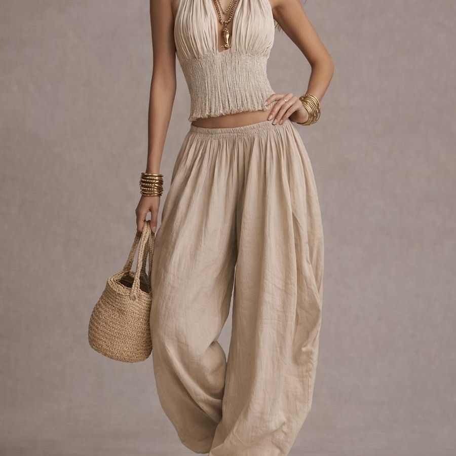 Bohemian Cotton-Linen Halter Smocked Crop Top & Harem Pants Two-Piece Set