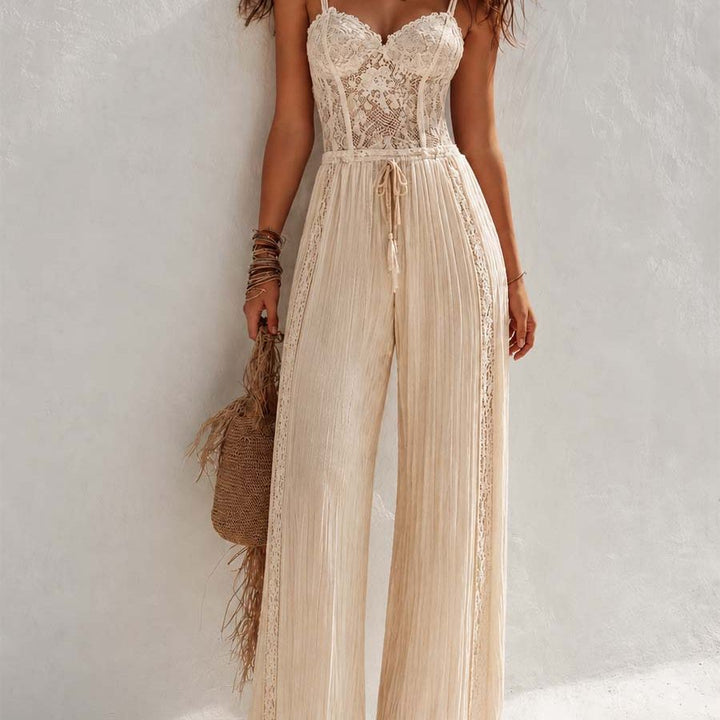 Bohemian Cream Lace Corset And Pleated Wide-Leg Jumpsuit