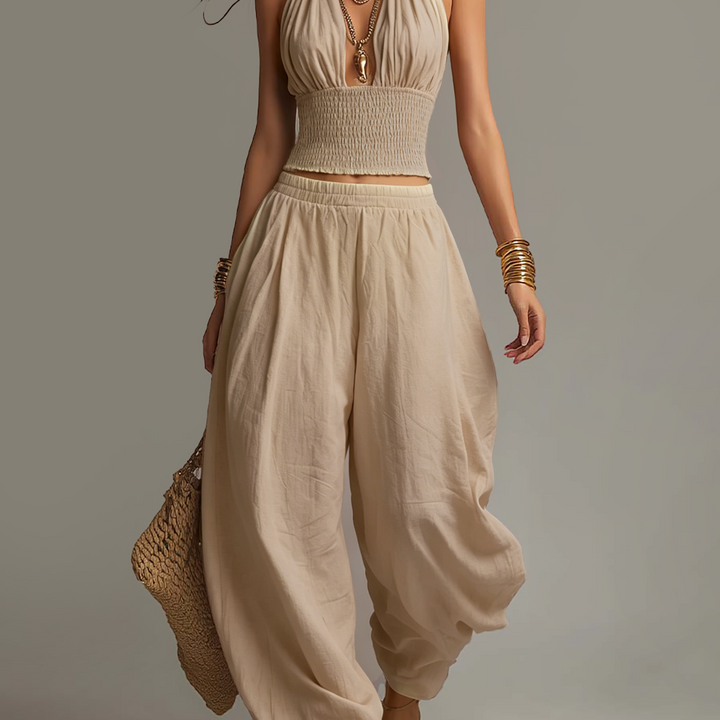 Bohemian Cotton-Linen Halter Smocked Crop Top & Harem Pants Two-Piece Set