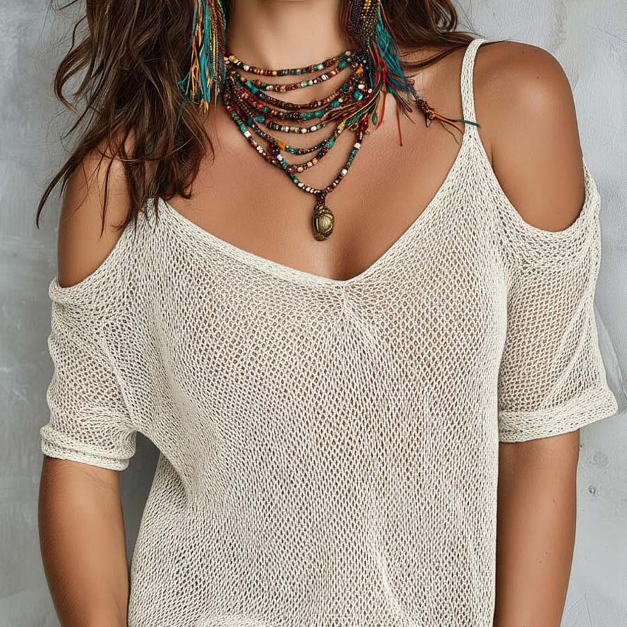 Relaxed Statement Sheer Mesh Off-Shoulder Top