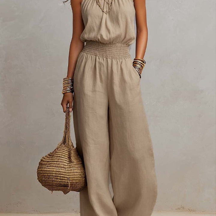 Tan Cotton Linen Halter Neck Smocked Waist Wide Leg Jumpsuit