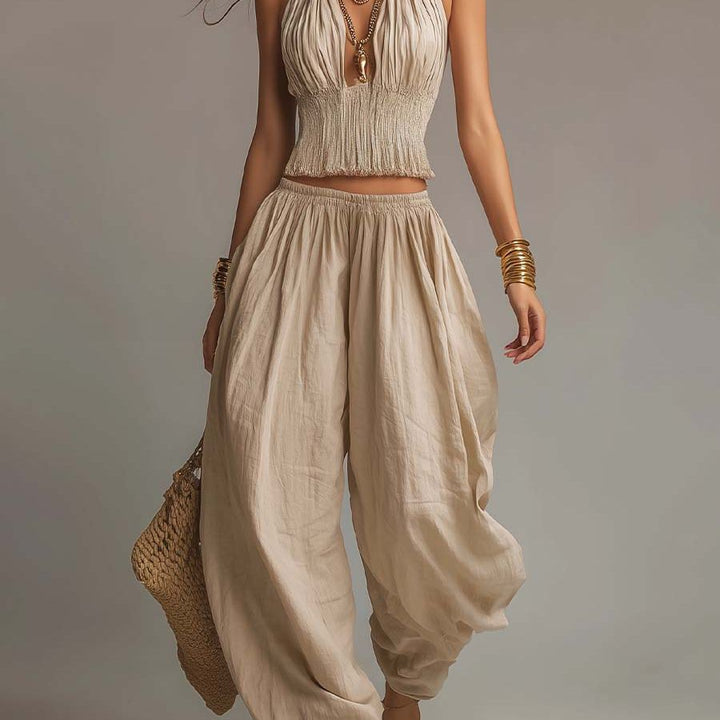 Bohemian Cotton-Linen Halter Smocked Crop Top & Harem Pants Two-Piece Set