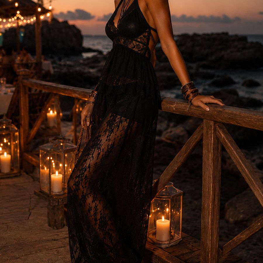 Boho Halter-Neck Lace-Paneled Vest & Balloon Pants Set