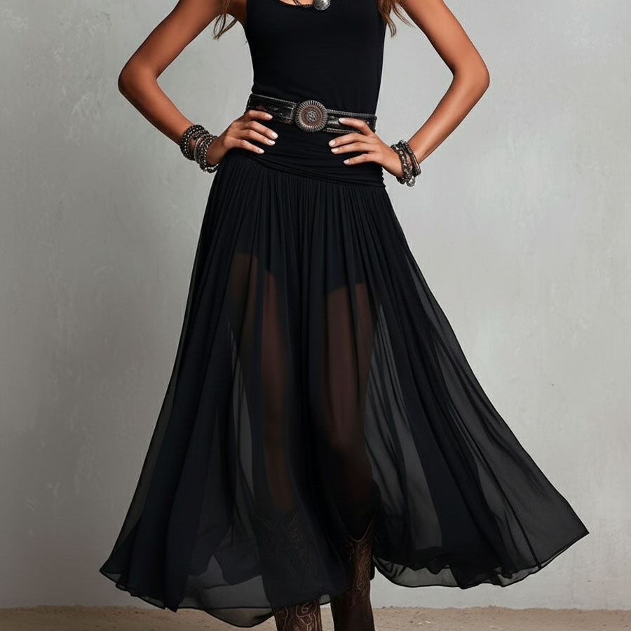 Boho Western Black  Stretchy Maxi  Dress With Sheer Skirt